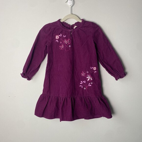 Old Navy Other - Old Navy Girls 4T Corduroy Long Sleeve Purple Dress With Floral Embroidery